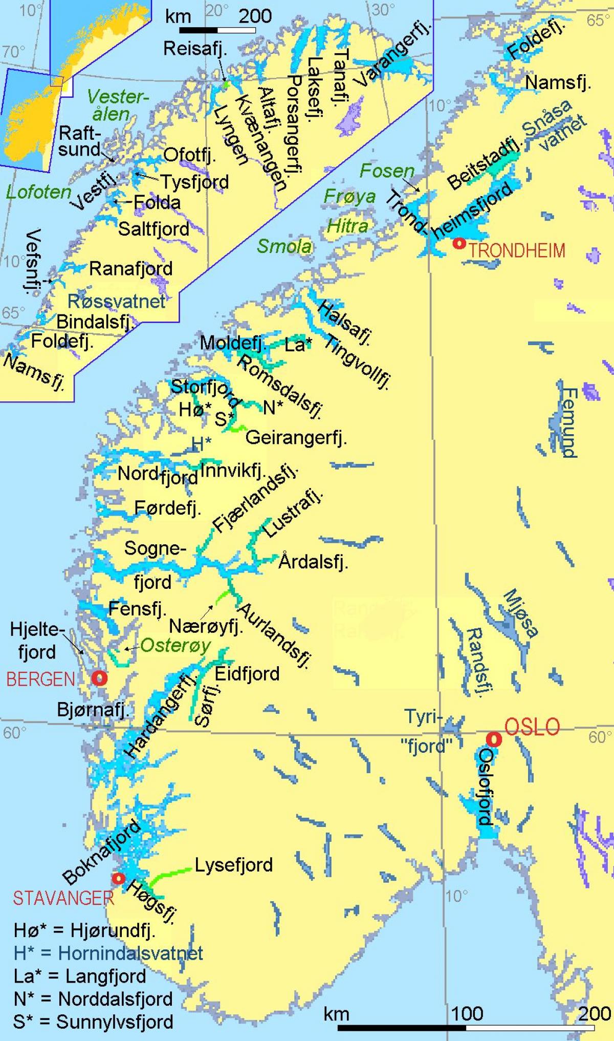 карта Норвешке показује фјордова